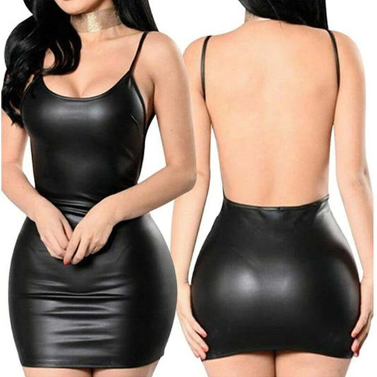 New Sling Sheath Dress Black Sexy Patent Leather Short Skirt Backless